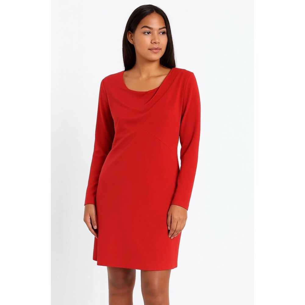 Ted Baker Dress Womens L Red Midi Cowl Neck Exposed Zipper Feminine Timeless New